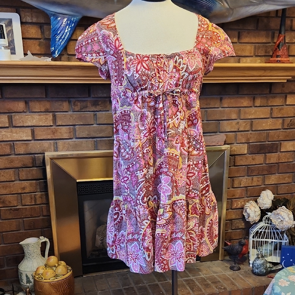 Ann Taylor LOFT Pink Red Paisley Baby Doll Dress 8P Cotton Mini Dress Summer